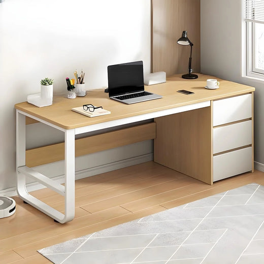 This stylish and modern office desk features an integrated cable management system, a wooden desktop, and a rectangular shape. It comes with three drawers and is ideal for both office and home use. Available in brown, it measures 63 inches in length,