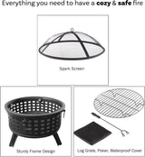 Outdoor Fire Pit - 26-Inch Round Lattice Wood Burning Firepit with Screen, Poker, Grate and Cover - Wood Fire Pits & Outdoor Fireplaces by Pure Garden image 4