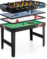 The multi-functional game table integrates a football table, a billiards table, an air curling table and a table tennis table. It is an ideal combination game table for a family game room.