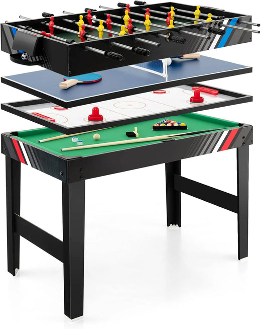 The multi-functional game table integrates a football table, a billiards table, an air curling table and a table tennis table. It is an ideal combination game table for a family game room.
