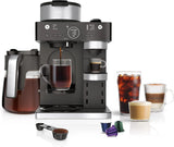 Italian espresso machine and coffee-making system, featuring three espresso brewing modes, supporting single-portion coffee and Nespresso capsules, with a built-in frother, capable of making Italian espresso, cappuccino and latte. Black style.