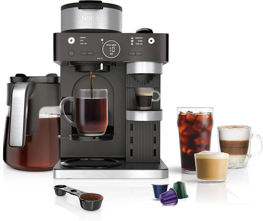 Italian espresso machine and coffee-making system, featuring three espresso brewing modes, supporting single-portion coffee and Nespresso capsules, with a built-in frother, capable of making Italian espresso, cappuccino and latte. Black style.