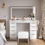 Glass Top Vanity Desk with Mirror and Lights, 11 Drawers Makeup Vanity with Golden Handles, 3 Lighting Modes Upgraded Silent Slides Vanity Desk with Bench, Portable Mirror and Power Putlet image 3