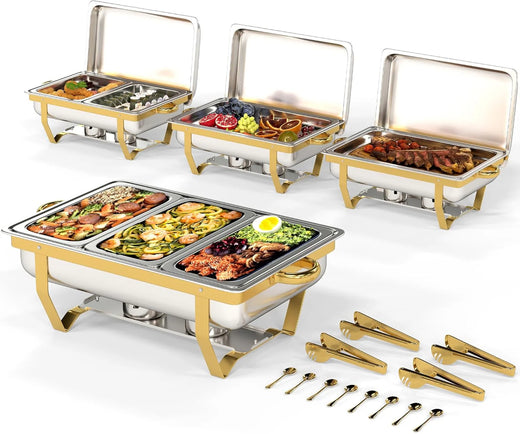 4 Pack Stainless Steel Chafing Dishes for Buffet, 9 QT Capacity 7 Pans Food Warmers for Parties, Weddings, Events Hosting, Family Gatherings, Full Set Catering Server with Serving Utensils Accessories