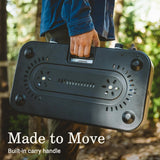 The 1900 series three-in-one propane camping stove, featuring a cast iron grill and frying pan accessories, has a power output of 24000 watts. It is equipped with an adjustable flame cover and excellent lighting device, and comes with two adjustable image 3