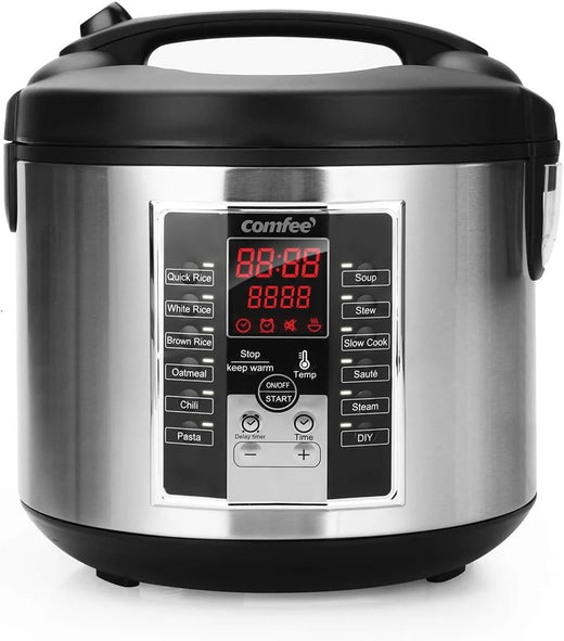 Compact electric rice cooker, 6-in-1 stainless steel multi-functional cooking utensil, slow cooker, steamer, frying pan, heater and warmer, 2-gallon capacity (8 cups cooked, 4 cups uncooked), suitable for brown rice, quinoa and oats, 6 one-button pro