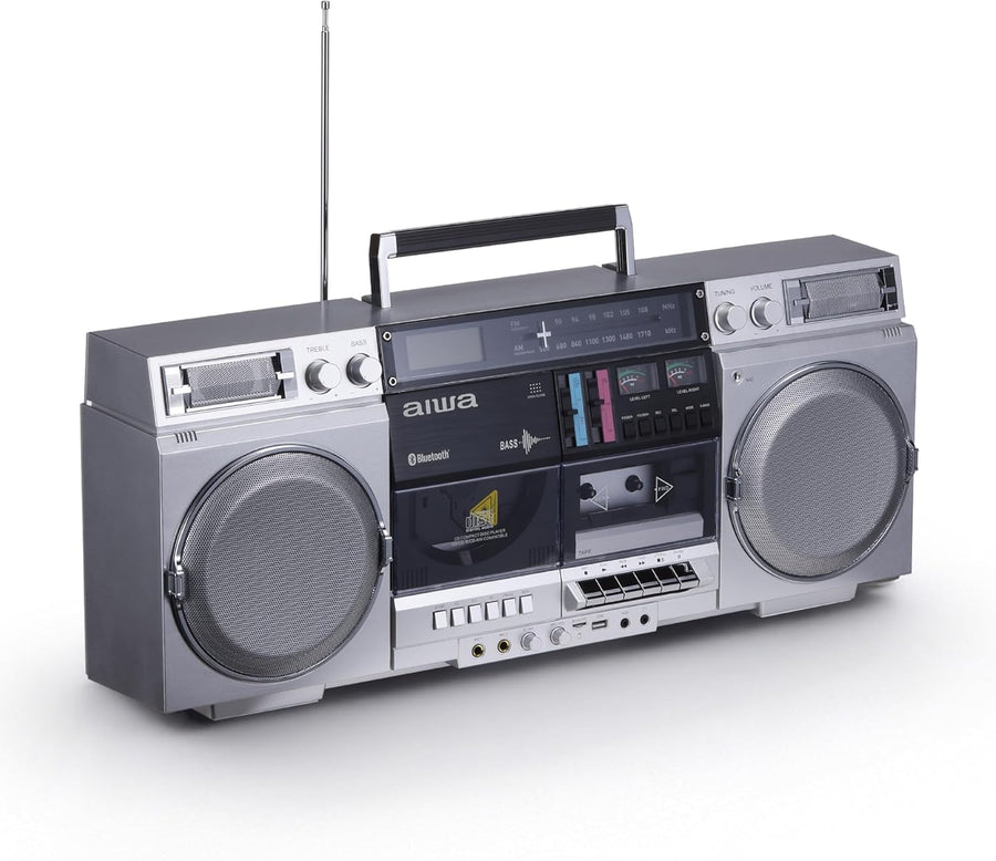 Retro-style portable CD player, featuring tape recording function, Bluetooth 5.0 technology, FM/AM radio, USB/SD/AUX input interfaces, VU meter, LCD display, dual 40-watt speakers - silver