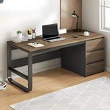 This stylish and modern office desk features an integrated cable management system, a wooden desktop, and a rectangular shape. It comes with three drawers and is ideal for both office and home use. Available in brown, it measures 63 inches in length, image 4