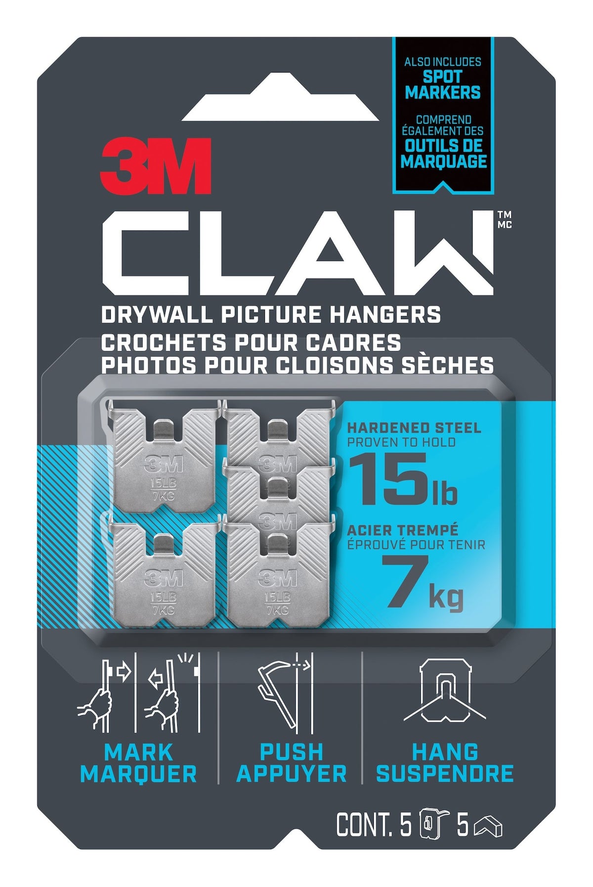 3M Claw DrywAll Picture Hanger, 15-lb Capacity, 5 Hangers per Pack