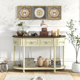 Retro game console table with drawer, 52-inch narrow sofa table with open shelves, table with storage function at the half-moon entrance, solid wood legs, entrance table for retro living room corridor, beige color scheme image 3
