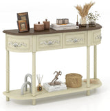 Retro game console table with drawer, 52-inch narrow sofa table with open shelves, table with storage function at the half-moon entrance, solid wood legs, entrance table for retro living room corridor, beige color scheme