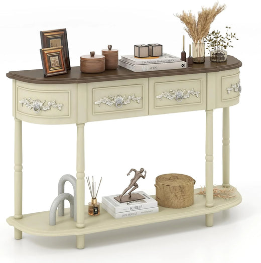 Retro game console table with drawer, 52-inch narrow sofa table with open shelves, table with storage function at the half-moon entrance, solid wood legs, entrance table for retro living room corridor, beige color scheme