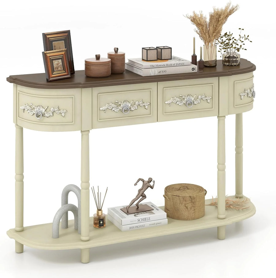 Retro game console table with drawer, 52-inch narrow sofa table with open shelves, table with storage function at the half-moon entrance, solid wood legs, entrance table for retro living room corridor, beige color scheme