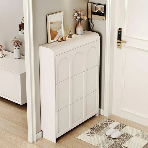 Narrow white artificial wooden shoe cabinet with door, modern entrance shoe rack, standalone hidden shoe cabinet
