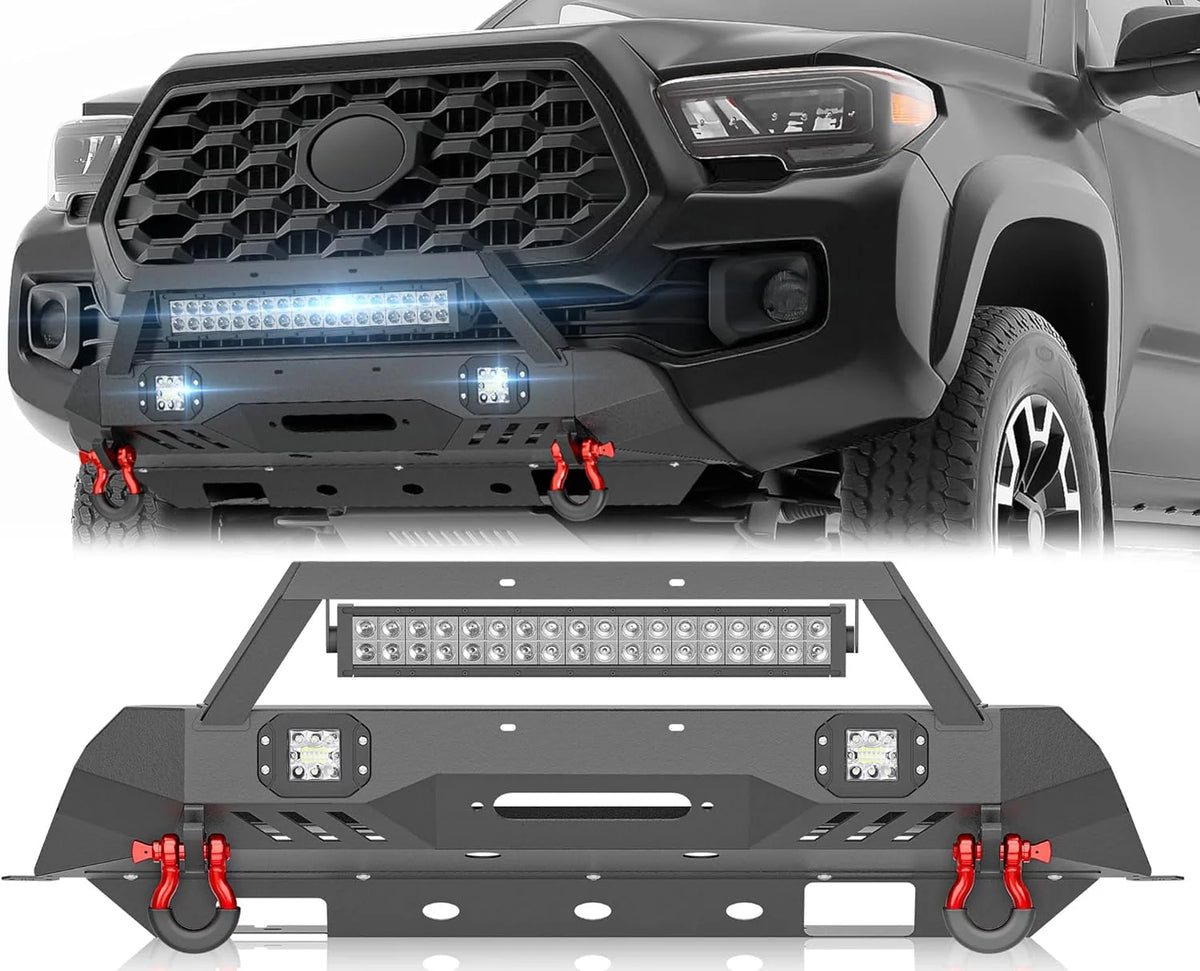 for Tacoma 3rd Gen Stubby Front Bumper Compatible with 2016 2017 2018 2019 2020 2021 2022 2023 Toyota Tacoma with Skid Plate, Winch Plate, License Plate Frame, LED Lights & D-rings, Black