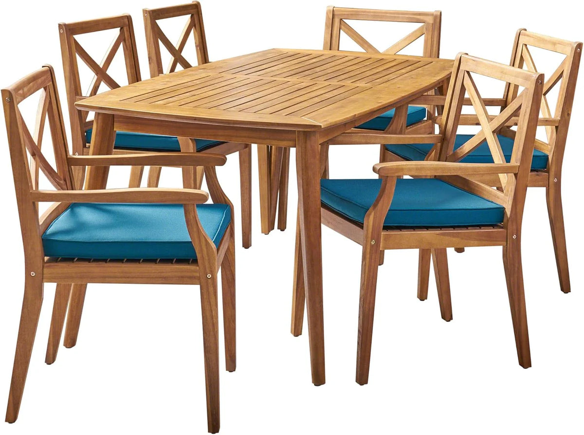 7-piece cherry wood dining set, teak surface / blue