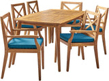 7-piece cherry wood dining set, teak surface / blue