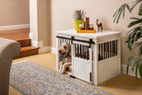 Farm sliding cowshed door furniture-style dog cage - antique white, large size. Unique style, durable and sturdy. Removable seat cushion. Easy to assemble. image 2