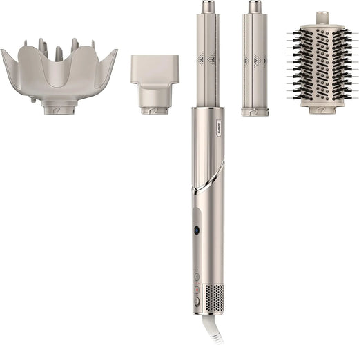 Powerful hair dryer and multi-functional styling tool, featuring automatic hair curler, paddle brush, oval brush, concentrator accessory and stones.
