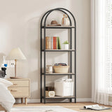 Yusong Bookshelf Rattan Arched Bookcase, 74" Tall Industrial Open Book Shelves for Living Room, Modern Freestanding Boho 5 Tier Display Storage Rack with Metal Frame, Office, Bedroom, Burlywood image 3