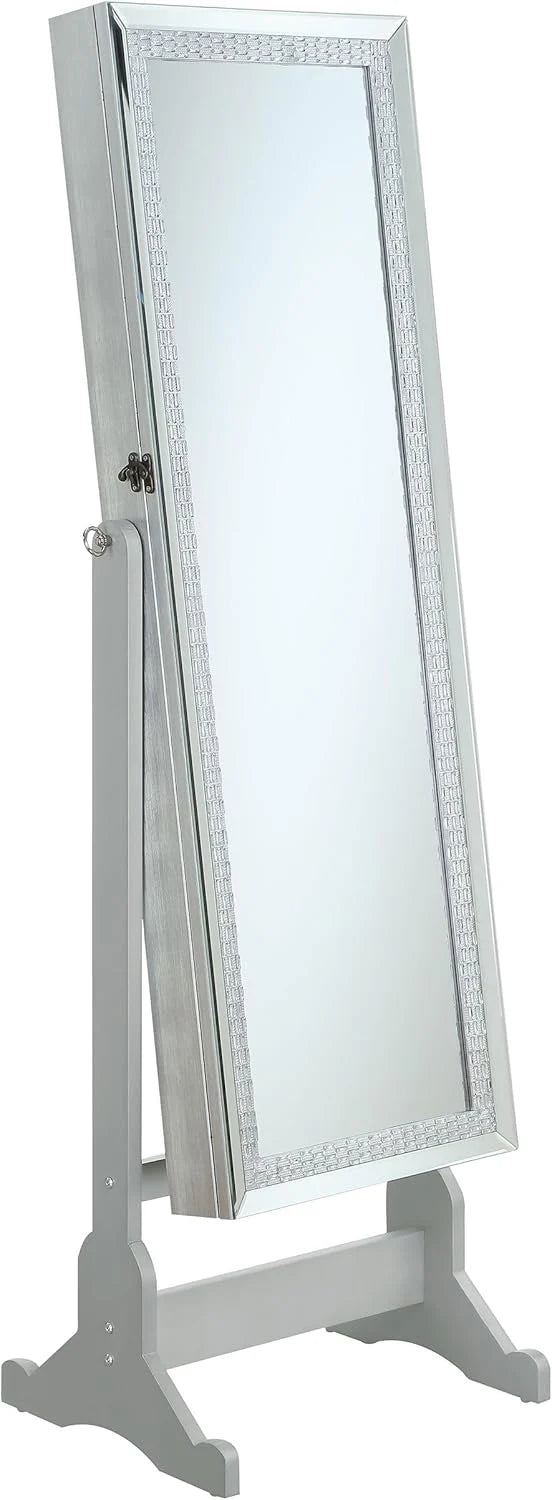 Mounted-style mirror cabinet, featuring jewelry storage function, with a design allowing the entire length to be tilted, rectangular shape - bedroom - silver color