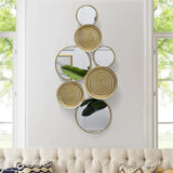 Home decoration metal wall ornaments, a mirror with multiple circular lenses, large modern wall art sculptures for decoration, suitable for living rooms, offices, and bedrooms. Dimensions: 45.3 x 1.9 x 21.6 inches. Made of gold material. image 3