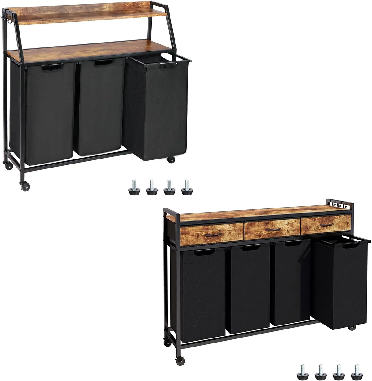 Two Laundry Hamper, Rolling Laundry Sorter with Wheels, 4 × 14.5 Gal (55 L), Pull-Out and Removable Laundry Bags, for Laundry Room, Rustic Brown