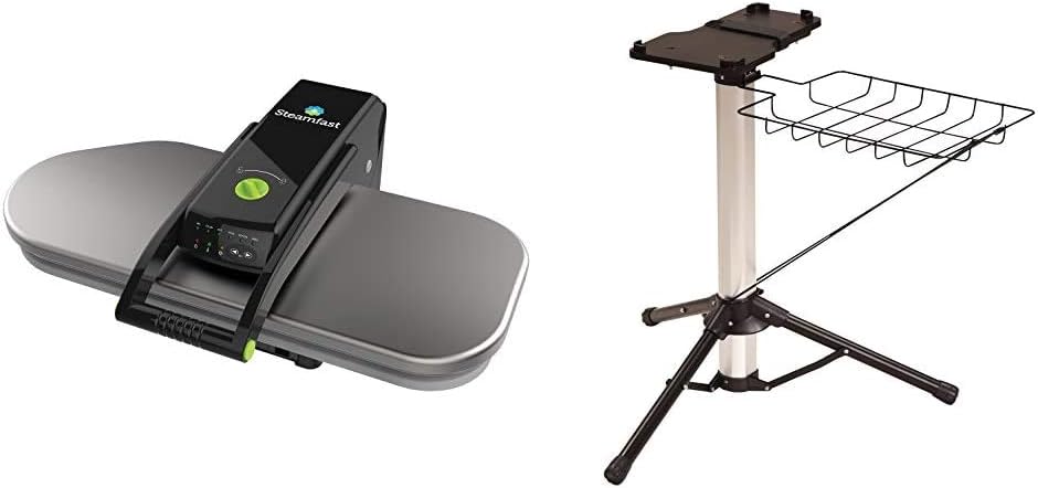 Digital steam press, featuring multiple fabric setting functions and steam impact function, made of stainless steel / black.