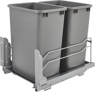 A double pull-out trash can suitable for the bottom of kitchen cabinets, with a capacity of 35 ounces (approximately 0.875 gallons), equipped with a gentle closing sliding mechanism, and in the color of Orison Gray.
