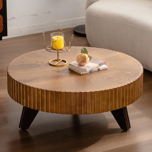 35" Contemporary Round Coffee Table, Coffee Tables Blending Traditional Decor, Solid Wood Center Table for Living Room, Natural