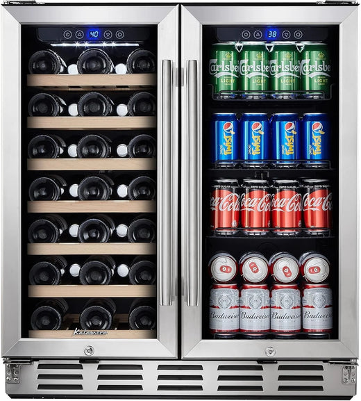 24 inch Wine Cooler, 46 Bottle - Dual Zone Built-in or Freestanding Fridge with Stainless Steel Reversible Glass Door, for Home, Kitchen, or Office.