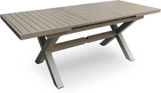 Extendable Patio Dining Table for 6-8, 63''-83'' Outdoor Aluminum Table w/Umbrella Hole, Rectangle Slatted Tabletop, Metal X-Trestle for Meals Garden Deck Backyard Gathering Party - Light Brown