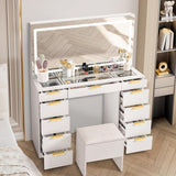 Glass Top Vanity Desk with Mirror and Lights, 11 Drawers Makeup Vanity with Golden Handles, 3 Lighting Modes Upgraded Silent Slides Vanity Desk with Bench, Portable Mirror and Power Putlet image 2