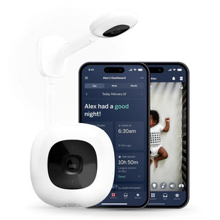 Smart baby monitor and wall-mounted device - 1080p security Wi-Fi video camera, sensor-free sleep and breathing motion tracker, two-way audio, sound and motion alerts, night vision function, breathing band - white