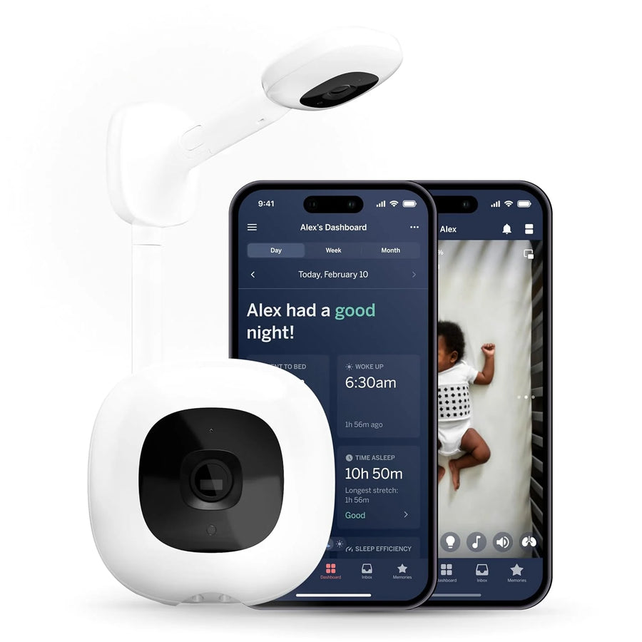 Smart baby monitor and wall-mounted device - 1080p security Wi-Fi video camera, sensor-free sleep and breathing motion tracker, two-way audio, sound and motion alerts, night vision function, breathing band - white