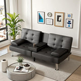 Futon Sofa Bed Convertible Folding Futon Set Modern Recliner Lounge for Small Room & Living Room with 2 Cup Holders, Removable Armrests (Artificial Leather, Black) image 2