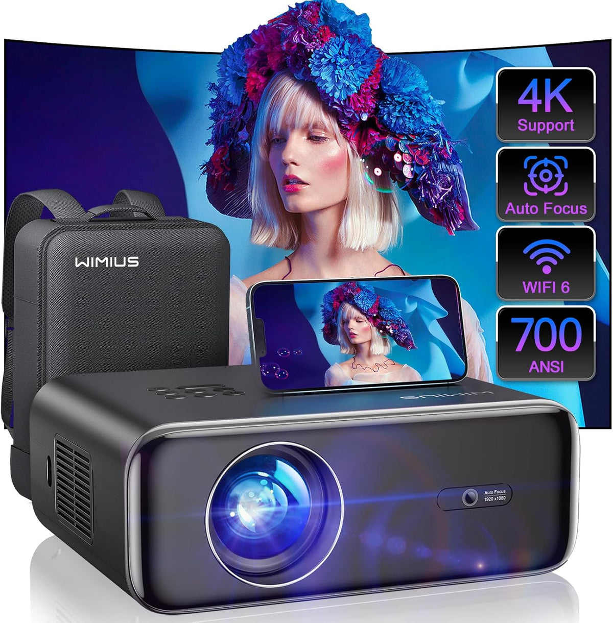 [Auto Focus/4K Support] Projector with WiFi 6 and Bluetooth 5.2, 700ANSI Native 1080P Outdoor Movie Projector, WiMiUS P62 Auto 6D Keystone & 50% Zoom, Smart Home Projector for iOS/Android/TV Stick