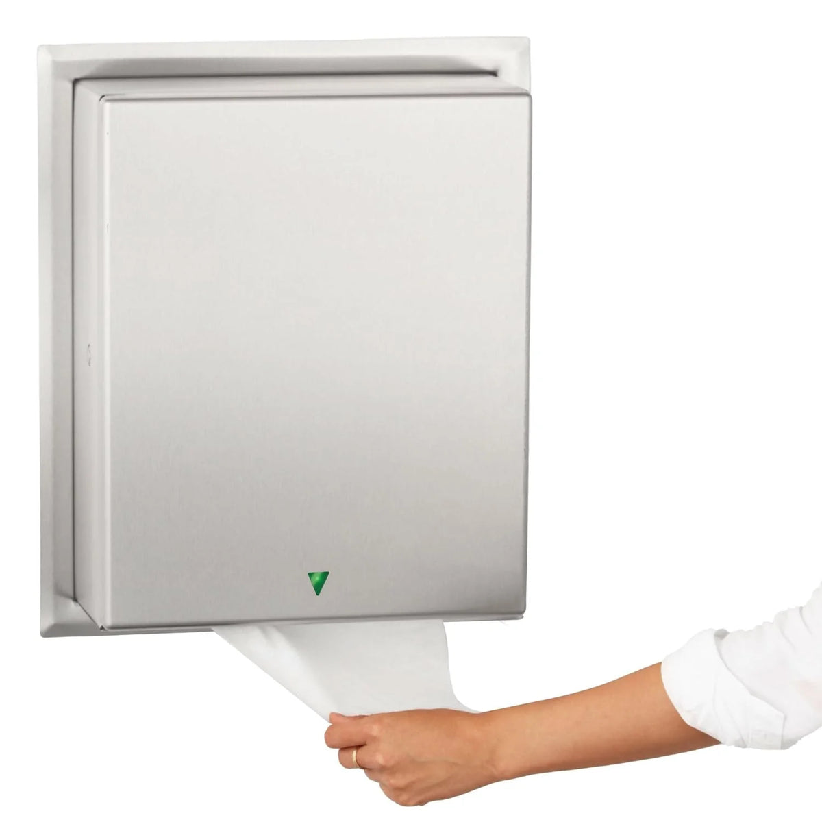 Automatic roll towel dispenser, semi-integrated design, matte stainless steel material, adjustable sensor, LED light guide, no contact operation, AC adapter/battery power supply, universal roll towel compatibility