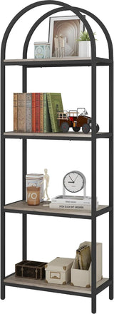 Yusong Bookshelf Rattan Arched Bookcase, 74" Tall Industrial Open Book Shelves for Living Room, Modern Freestanding Boho 5 Tier Display Storage Rack with Metal Frame, Office, Bedroom, Burlywood