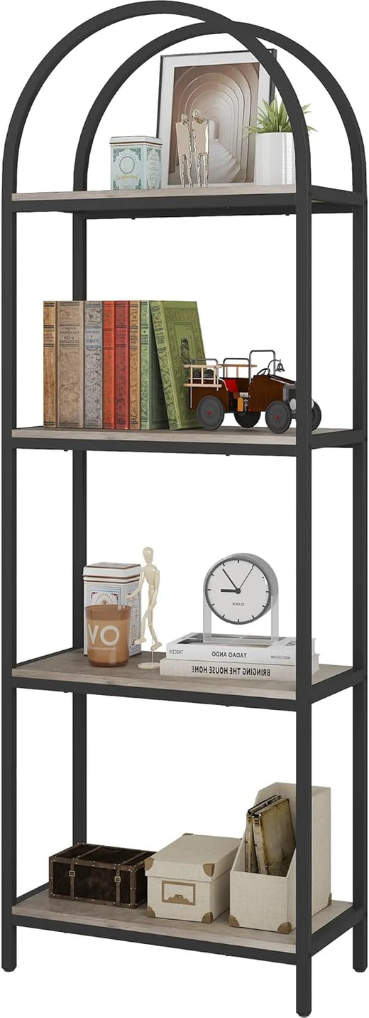 Yusong Bookshelf Rattan Arched Bookcase, 74" Tall Industrial Open Book Shelves for Living Room, Modern Freestanding Boho 5 Tier Display Storage Rack with Metal Frame, Office, Bedroom, Burlywood
