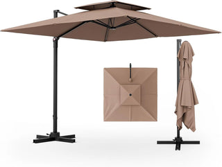 9.5-foot cantilevered patio umbrella, outdoor square offset umbrella, 360° rotatable, double-structured heavy-duty patio hanging umbrella, with cross base, suitable for gardens, patios, swimming pools and backyards.