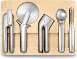 Kitchen Tool Set - Five-piece essential kitchen items - Made of stainless steel - Includes can opener, pizza cutter, garlic press, ice cream scoop, vegetable peeler and storage organizer box