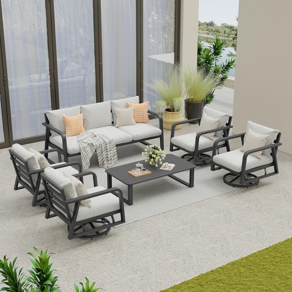 Outdoor Patio Furniture Set 4-Piece, Aluminum Swivel Rocking Chairs with All-Weather Cushions, Modern Patio Conversation Set for Deck, Porch, Garden (Dark Grey)