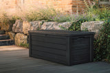 Outdoor storage deck box, 150-gallon resin deck storage box and bench, with wood-grain design, in brown color scheme image 2