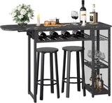 Bar Table and Chair Set, Industrial Expandable Dining Table with 2 Bar Stools, Kitchen Counter with Wine Rack & 3 Tier Adjustable Storage Shelves Rustic Brown