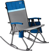 Large-sized foldable rocking chair-style camping chair. Portable outdoor rocking chair, equipped with a high back and sturdy armrests. The carrying bag can bear a weight of 300 pounds. The back of the seat has padding. The color is blue.