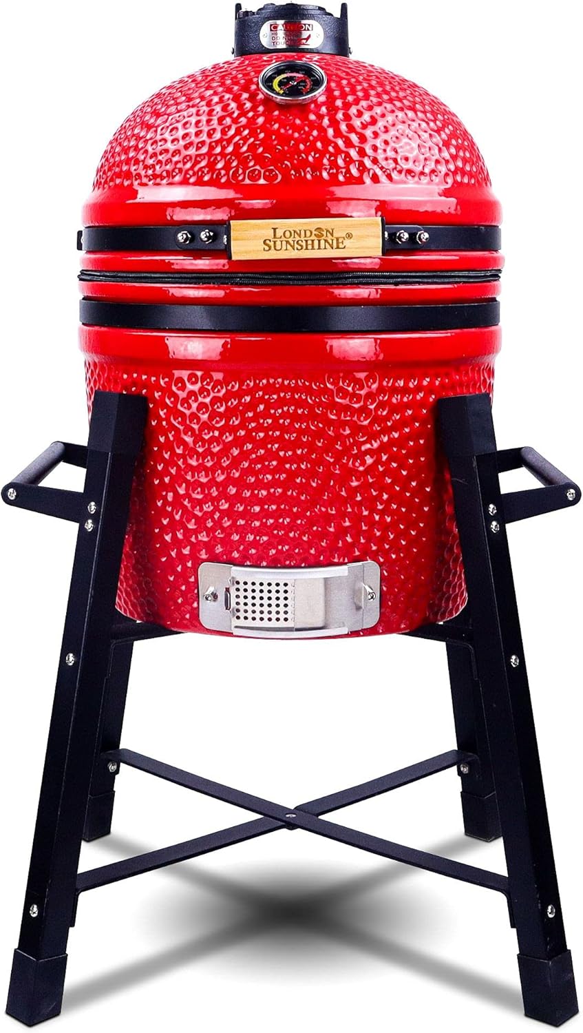 Ceramic Kamado Charcoal BBQ Grill and Smoker, Stainless Steel Grates -15" Ceramic with Tall Stand (GREEN)