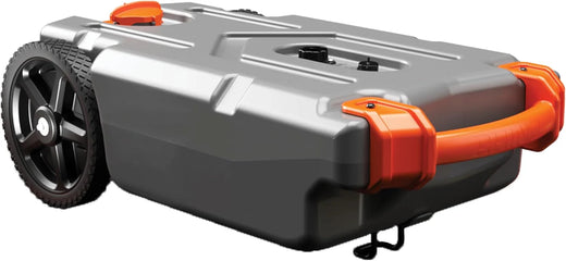 28-gallon portable camping vehicle/rv travel tank | Equipped with 2 controllable non-flat-front wheels and built-in valve | Includes detachable 24-inch tow bar, 3-foot sewage hose and other RV accessories