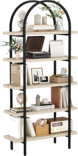 Yusong Bookshelf Rattan Arched Bookcase, 74" Tall Industrial Open Book Shelves for Living Room, Modern Freestanding Boho 5 Tier Display Storage Rack with Metal Frame, Office, Bedroom, Burlywood image 4