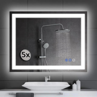 LED wall-mounted makeup mirror with lights - suitable for wall-mounted large makeup tables. Features intelligent touch buttons, anti-fog, water resistance, adjustable dimming, color adjustment, and magnifying glass function.